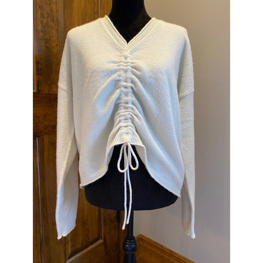 Say What? Cream Womens Plus Size XL Fuzzy Gathered Front Distressed Sweater‎ Top